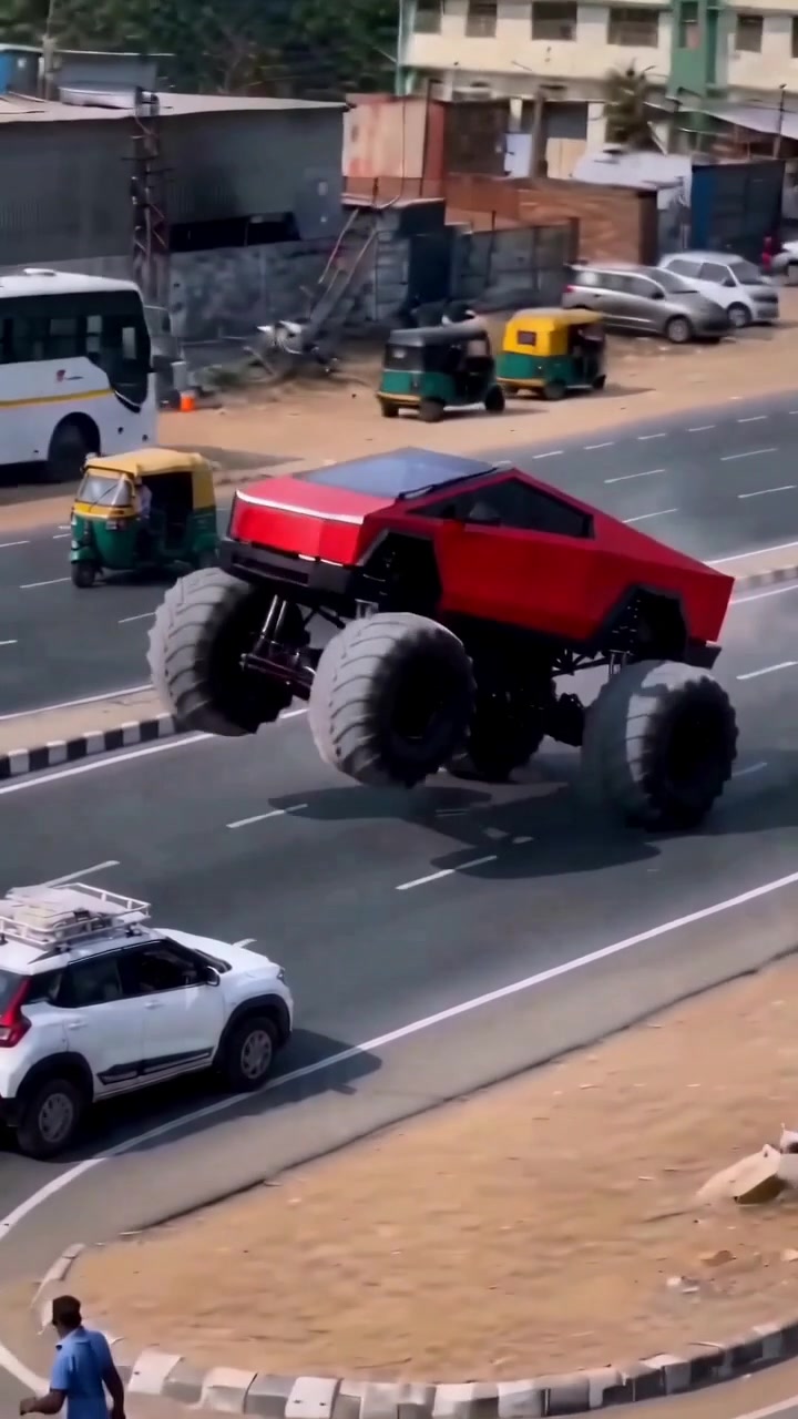 Red Cybertruck Monster-Wheel Street Jump Remix