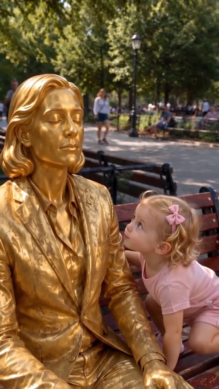 Girl in Pink Beside Gold Statue