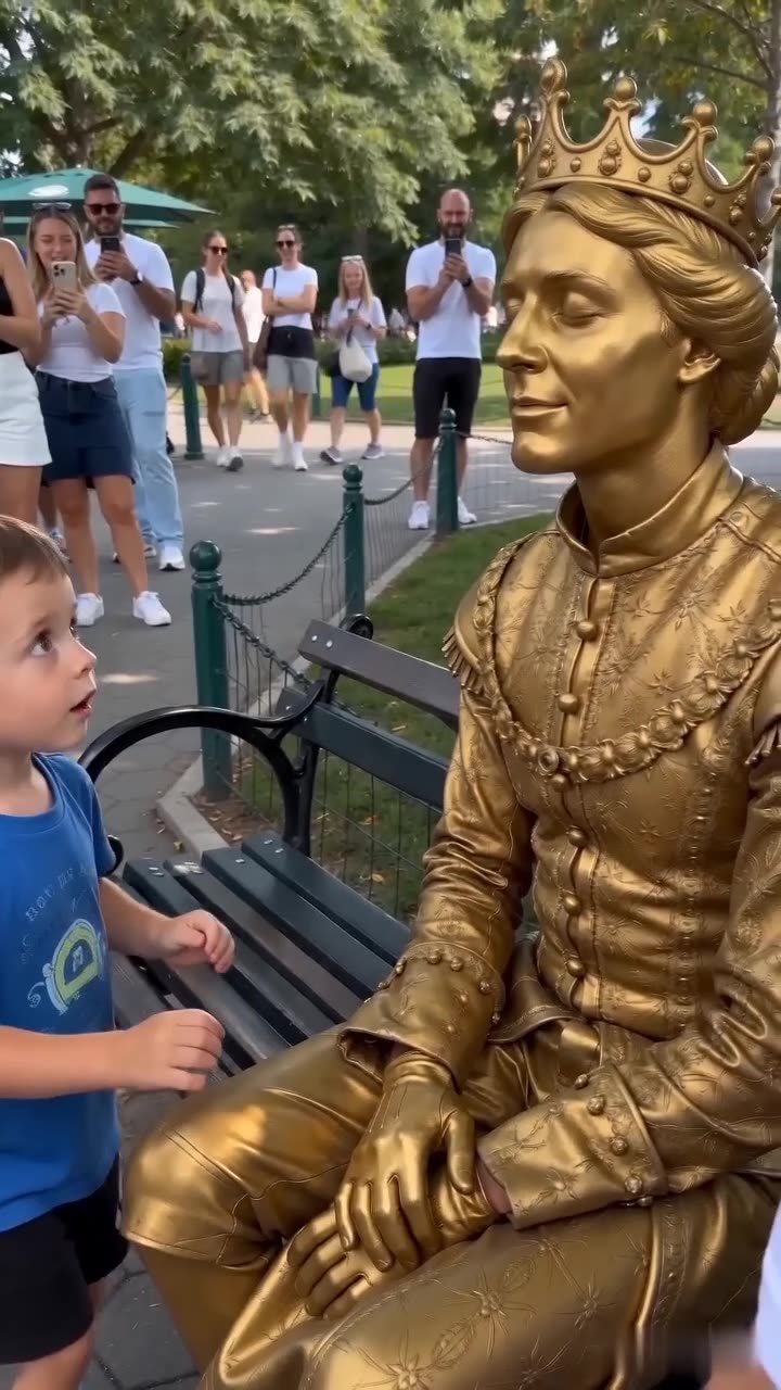 Little boy next to female statue