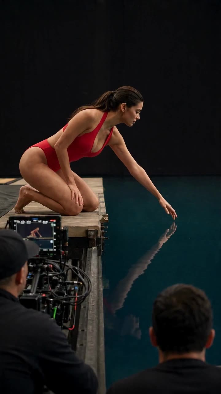 Woman in Red Swimsuit on Black