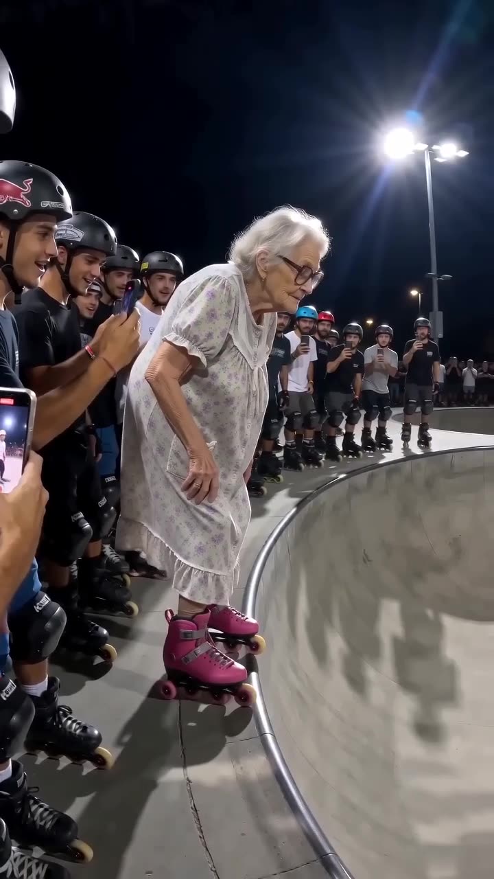 Grandmother Rollerblading in a Nightgown
